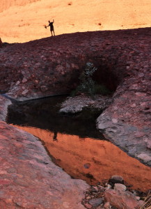 Ook op de Walpa Trail lag een groene oase in de schaduw tussen Olga's. Hier de weerspiegeling van Remy in het water.