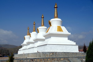 Stupa's bij de ingang van het Tso Gompa klooster complex